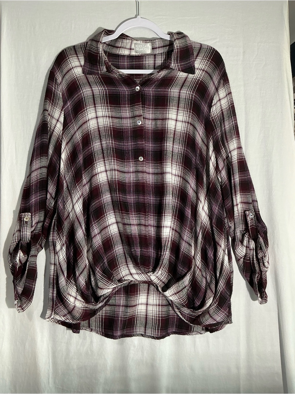 Relaxed Button-Down Plaid Top Woman’s Shirt - Dark Purple /White
